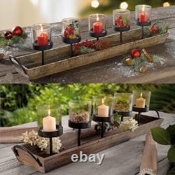Large 27.5 Inch 5-Pillar Glass Candle Holder Set Centerpiece with Rustic Wood Tr