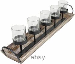 Large 27.5 Inch 5-Pillar Glass Candle Holder Set Centerpiece with Rustic Wood Tr