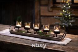 Large 27.5 Inch 5-Pillar Glass Candle Holder Set Centerpiece with Rustic Wood Tr