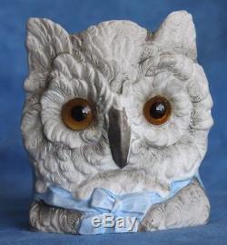 Large Antique GLASS EYES Bisque FAIRY LAMP Blue Bow Hoot Owl Candle Holder Cup