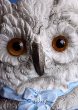 Large Antique GLASS EYES Bisque FAIRY LAMP Blue Bow Hoot Owl Candle Holder Cup