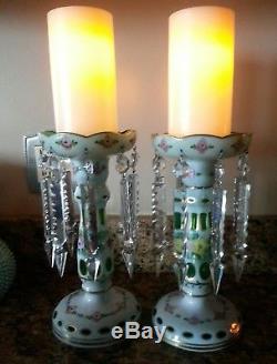 Large Bohemian Glass Mantel Lusters Candle Holders with Prisms 10 1/4 tall