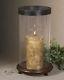 Large Bubbled Glass Hurricane Hickory Wood Candle Holder Bronze Metal Rim New