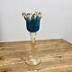 Large Crystal Murano Art Glass Table Candle Holder Italy Turquoise Blue Gold 13