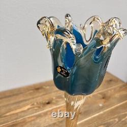 Large Crystal Murano Art Glass Table Candle Holder Italy Turquoise Blue Gold 13