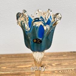 Large Crystal Murano Art Glass Table Candle Holder Italy Turquoise Blue Gold 13