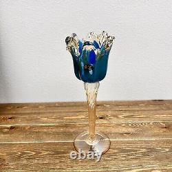 Large Crystal Murano Art Glass Table Candle Holder Italy Turquoise Blue Gold 13