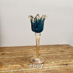 Large Crystal Murano Art Glass Table Candle Holder Italy Turquoise Blue Gold 13