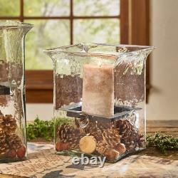 Large Glass Hurricane Candle Holder Hand Blown Metal Insert Square