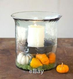 Large Glass Hurricane Candle Holder Hand Blown Recycled Glass 12.5 Inches