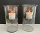 Large Glass Hurricane Candle Holder Hand Blown Rustic Metal Insert Set Of Two