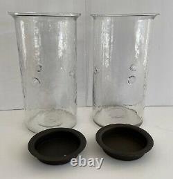 Large Glass Hurricane Candle Holder Hand Blown Rustic Metal Insert Set of Two
