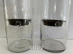 Large Glass Hurricane Candle Holder Hand Blown Rustic Metal Insert Set of Two