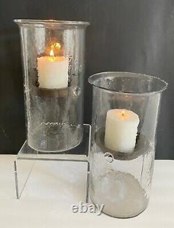 Large Glass Hurricane Candle Holder Hand Blown Rustic Metal Insert Set of Two