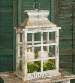 Large Lantern Candle Holder Farmhouse Windowpane Vintage Distressed Rustic Decor