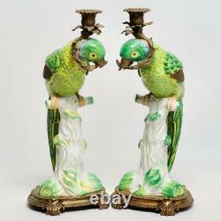 Large Pair (2) Castilian Ceramic & Bronze Mounted Parrot Candlesticks, 16.5h