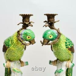 Large Pair (2) Castilian Ceramic & Bronze Mounted Parrot Candlesticks, 16.5h