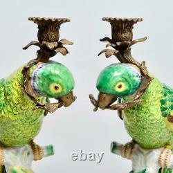 Large Pair (2) Castilian Ceramic & Bronze Mounted Parrot Candlesticks, 16.5h