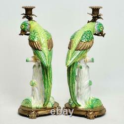 Large Pair (2) Castilian Ceramic & Bronze Mounted Parrot Candlesticks, 16.5h