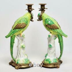 Large Pair (2) Castilian Ceramic & Bronze Mounted Parrot Candlesticks, 16.5h