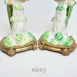 Large Pair (2) Castilian Ceramic & Bronze Mounted Parrot Candlesticks, 16.5h