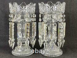 Large Pair Antique Victorian Cut Glass Clear Crystal Mantle Lusters Candleholder