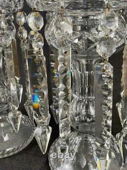 Large Pair Antique Victorian Cut Glass Clear Crystal Mantle Lusters Candleholder