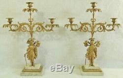 Large Pair Antique/Vtg Gold Figural Woman Sword Marble Candelabra Candle Holders