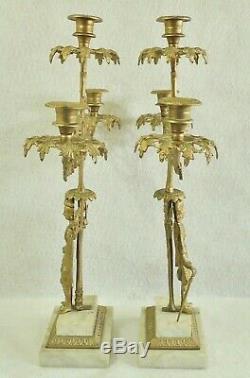 Large Pair Antique/Vtg Gold Figural Woman Sword Marble Candelabra Candle Holders