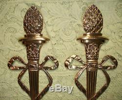 Large Pair VIRGINIA METALCRAFTERS Brass Sconce Candleholders & Glass Hurricanes