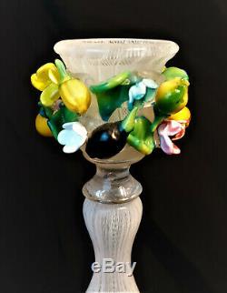 Latticino Art Glass Candlestick Floral 1950s Italy Italian Art Glass MCM Vintage