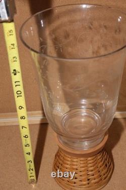 Longaberger Glass Etched Hurricane Candle Vase With Woven Pedestal Stand