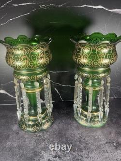 Lot Of 2 Mantle Lusters Green With Gold Color Decorative Trim & Crystal Drops
