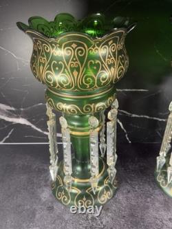 Lot Of 2 Mantle Lusters Green With Gold Color Decorative Trim & Crystal Drops