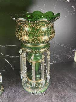 Lot Of 2 Mantle Lusters Green With Gold Color Decorative Trim & Crystal Drops
