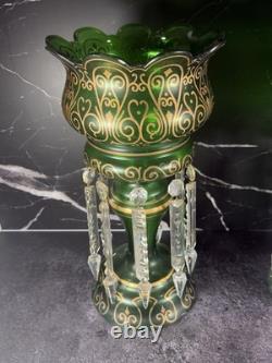Lot Of 2 Mantle Lusters Green With Gold Color Decorative Trim & Crystal Drops