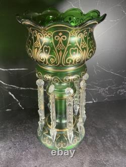 Lot Of 2 Mantle Lusters Green With Gold Color Decorative Trim & Crystal Drops