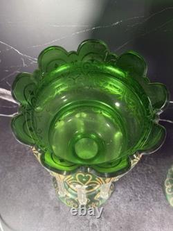 Lot Of 2 Mantle Lusters Green With Gold Color Decorative Trim & Crystal Drops