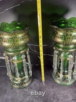 Lot Of 2 Mantle Lusters Green With Gold Color Decorative Trim & Crystal Drops