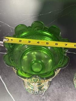 Lot Of 2 Mantle Lusters Green With Gold Color Decorative Trim & Crystal Drops