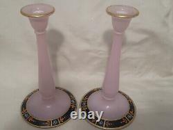Lot of 2 Antique 1920s Westmoreland Candle Holders Pink Glass 10in Hand Painted