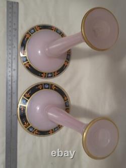 Lot of 2 Antique 1920s Westmoreland Candle Holders Pink Glass 10in Hand Painted