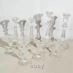 Lot of 9 Clear Glass Candlestick Holders 3 Sets Assorted Sizes Up to 10 Inch