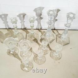 Lot of 9 Clear Glass Candlestick Holders 3 Sets Assorted Sizes Up to 10 Inch