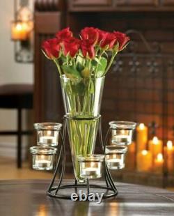 Lot of Five Black Iron Candle Holder Flower Glass Vase Wedding Table Centerpiece