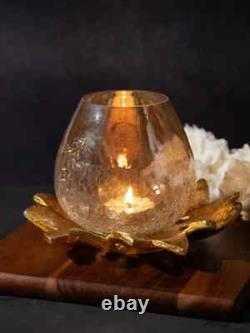 Lotus Shaped Crackled Glass Tea Light Candle Holder with Metal Base