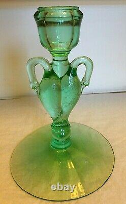 Lovely Rare Heisey Swan Green Moongleam Double Handled Candle Holder 61/2 T