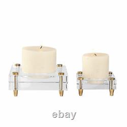 Luxe Minimalist Crystal Block Candle Holder Set 2 Simple Square Gold Pillar