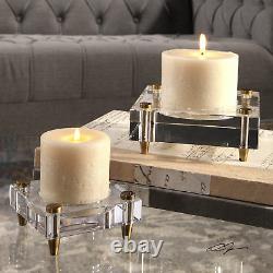 Luxe Minimalist Crystal Block Candle Holder Set 2 Simple Square Gold Pillar