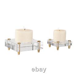 Luxe Minimalist Crystal Block Candle Holder Set 2 Simple Square Gold Pillar